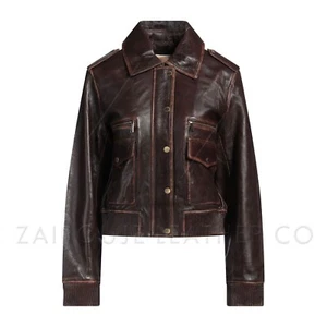 Giubbotto bomber pelle donna vintage marrone vera pelle di agnello stile militare cappotto - Foto 1 di 8