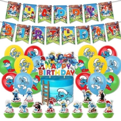 Анимация мультфильм смурфики день рождения вечеринки расходные материалы комплект, воздушные шары баннер торт Topper - Изображение 1 из 4