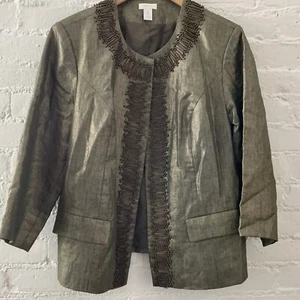 Chicos Linen Blazer Womens Size 2 / Large Foil Shimmer 3/4 Sleeve Beaded Jacket - Picture 1 of 12