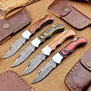 LOT OF 4 PCS! Handmade Damascus Pocket Knives – Folding Knives, W/Sheath IT-1355 - Picture 1 of 12