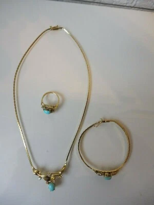 Nobile Set Gioielli, 925 Argento Dorato, Con Turchesi,Catena,Bracciale,Anello - Immagine 1 di 4