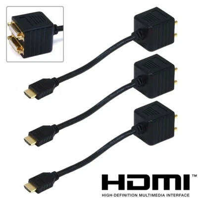 3x HDMI Male to 2 DVI-D Female Video Adapter Y Splitter Cable Gold PC Monitor - Image 1 of 3