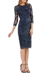 JS Collection Navy blue Embroidered Lace 3/4 sleeve Sheath Midi Dress, sz 12 - Picture 1 of 13