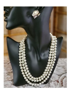 Vintage 1990s Fashion Jewelry Set - Pearl Necklace, 2 sets of Earrings & a ring - Picture 1 of 8