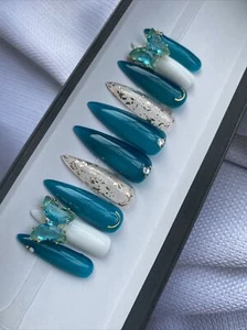 🔥CUSTOM Gel Press On False Nails, BLUE w BUTTERFLY, 10p Set W/ Full Kit Jelly - Picture 1 of 9