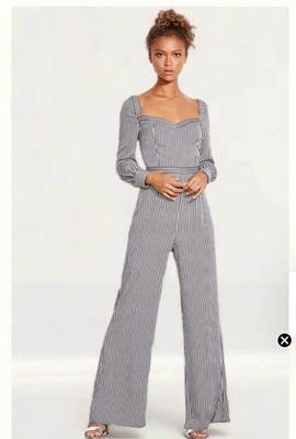 Ali & Jay XL черный белый в полоску ретро комбинезон широкие ноги длинным рукавом с Ярлыками * дефектный - Изображение 1 из 4