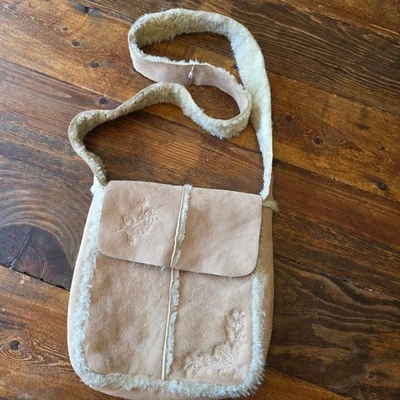 Old Navy Faux Suede Sherpa Trim Embroidered Flap Crossbody Bag Purse - Image 1 of 4