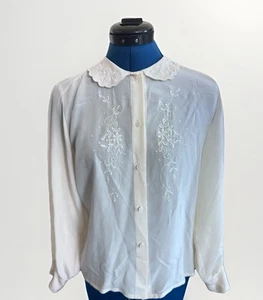 Vintage 70s Michel Laurent Floral Peter Pan Collar Boho Peasant Silk Blouse Top - Picture 1 of 12