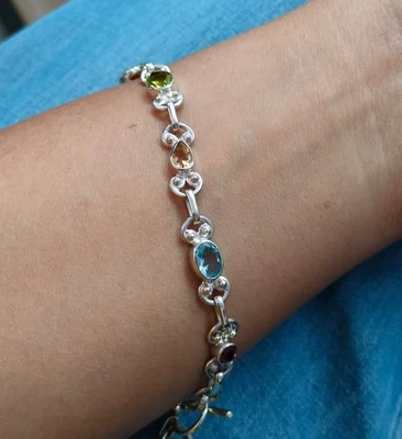 Bracciale maglia peridoto topazio blu citrino vero granato argento sterling... - Immagine 1 di 4
