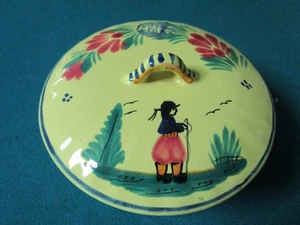 HB Quimper France Trinket Covered Round Box He Decor 3 X 5 " C1980s - Picture 1 of 5