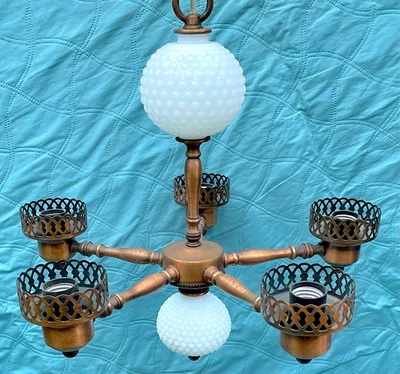 Vintage 16" White Hobnail Milk Glass & Copper 5-Lite Chandelier - No Shades - Image 1 of 4