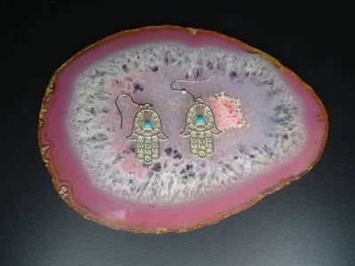 Hermosos pendientes colgantes Hamsa turquesa tono plata 5,86 g Foto 1 de 4