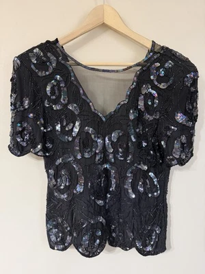 Vintage Leslie Fay Evenings Petite Black Sequin Beaded Top M Cocktail Festive - Image 1 of 4