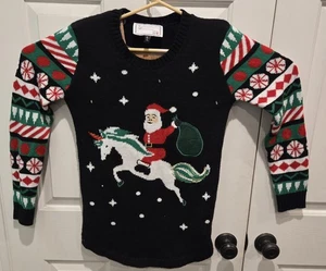Ugly Christmas Sweater Santa Riding Einhorn Damen M Mehrfarbig Urlaub *lesen* - Bild 1 von 8