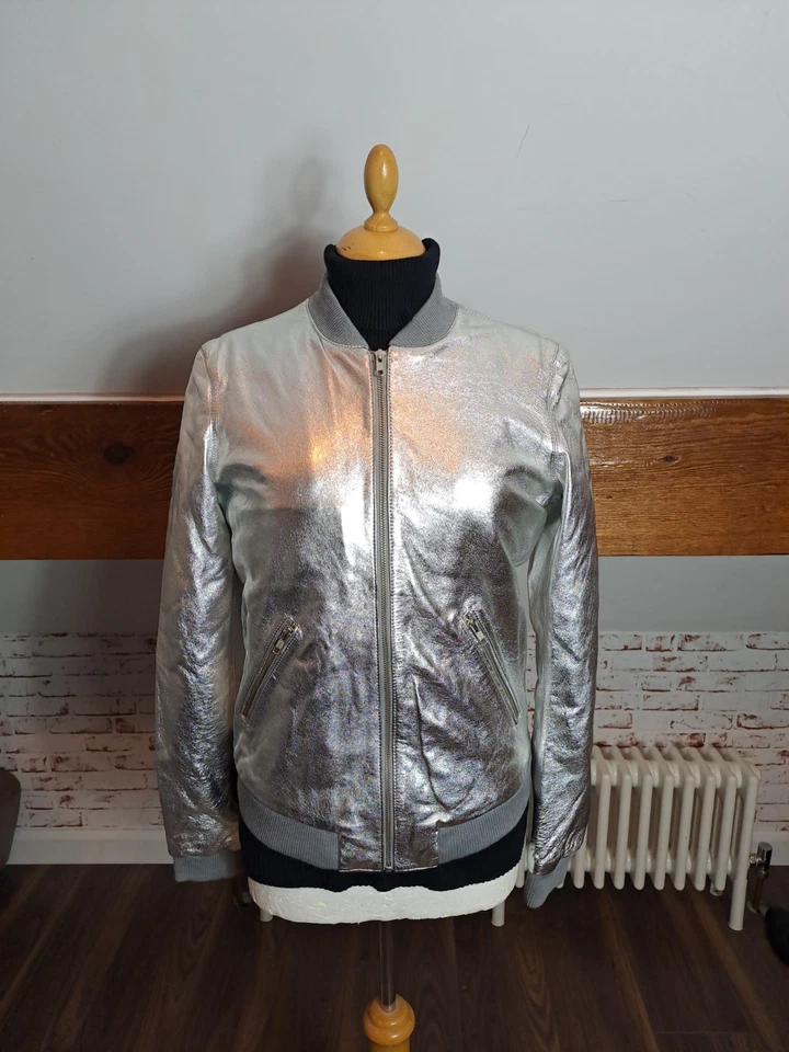 BLK DNM NYC BRAND NEW SILVER LEATHER BOMBER JACKET SIZE MEDIUM ORIGINALLY £500 - Image 1 of 4