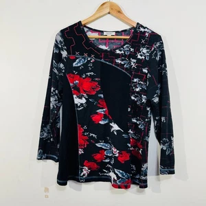 Orientique Floral Long Sleeve Top 12 Black Red Blue Geometric Block Pattern - Bild 1 von 17