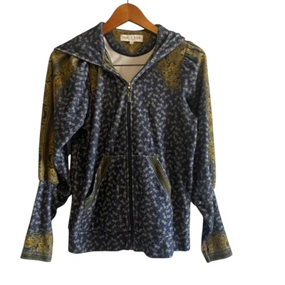 Chaqueta con Capucha Hale Bob Los Angeles Para Mujer Pequeña Terciopelo Azul Dorado Floral Cremallera Foto 1 de 4