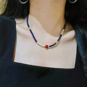 Collana elegante perle tonde 6 mm bianche conchiglia dei mari del sud lapislazzuli - Foto 1 di 4