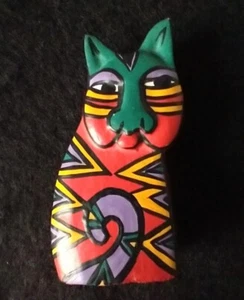 Vintage Laurel Burch Collectible Hand Painted Wooden Cat Kitten 3" Figurine - Picture 1 of 7