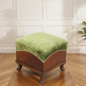 Sgabello poggiapiedi stile antico in legno pouf con tessuto Verde epoca 900 - Foto 1 di 7