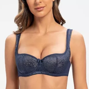 MELENECA Women's Balconette Blue Bra Padded Strap Half Cup Underwire Sexy Lace - Picture 1 of 4