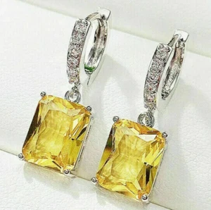 2Ct Radiant Cut Lab Created Citrine Drop/Dangle Earring's 14K White Gold Plated - Picture 1 of 7