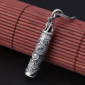 Pure S990 Fine Silver Men Pendant Lucky Bless Dragon Cylinder Pendant 20-22g - Picture 1 of 5