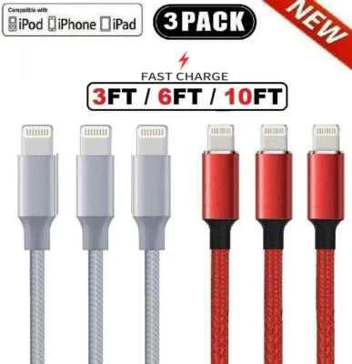 3 Pack Fast Charger USB Cable For iPhone 7 6Plus Braided 3'-6'-10' - Image 1 of 4