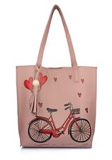 New Women's Pu Material Tote Bag For Girls Stylish Handbag Cycle Print Pink