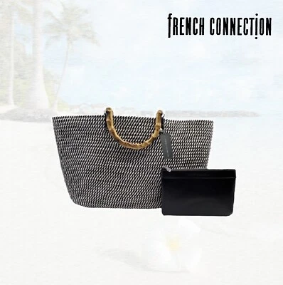 French Connection Biscay Black/White Rope Beach Tote Bamboo Dbl Handle - NEW W/T - Image 1 of 4