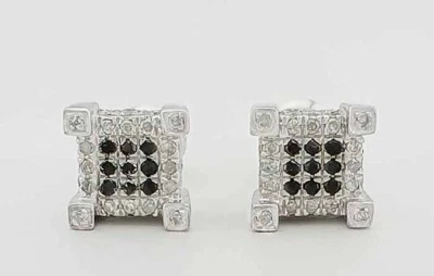 PENDIENTE DE DIAMANTE GENUINO Y DIAMANTE NEGRO ORO BLANCO 10K - Tornillo trasero - Nuevo con etiquetas Foto 1 de 4