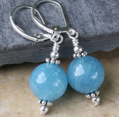 Bonitos pendientes colgantes de plata con cuentas redondas de piedras preciosas de aguamarina azul de 12 mm Foto 1 de 4