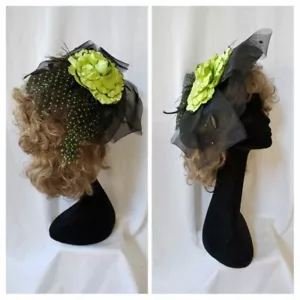 Black Fascinator Headpiece Feathers Flower Dressy Party Costume Vintage Inspired - Picture 1 of 9
