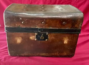 Antique LEATHER Wood Trunk, Storage Chest & Stool on Wheels - Picture 1 of 11