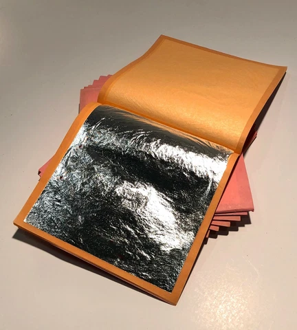 Pure Genuine Silver Leaf (240g) 25 sheets -  3 3/4" x 3 3/4" 9 1/2 cm x 9 1/2 cm Cover