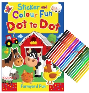 CHILDRENS KIDS DOT TO DOT COLOURING BOOK ACTIVITY FARMYARD FUN + FELT TIP PENS - Picture 1 of 5