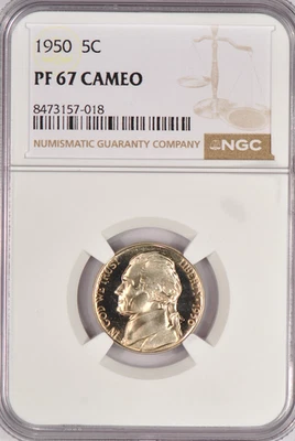 1950 Jefferson Nickel Proof NGC PF 67 CAMEO PR67CAM Frosty Coin 5C - Image 1 of 2