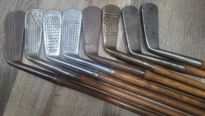 8 Antique Vintage 1910-1930 Hickory Wood Shaft Golf Club Putters Unusual Faces - Picture 1 of 13