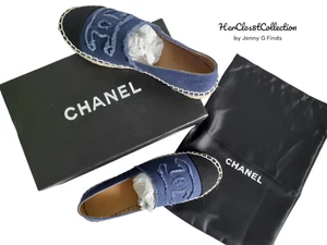 Chanel Blue Black Cap Toe Linen Canvas CC Espadrilles NIB EU38 US7Authentic - Picture 1 of 14