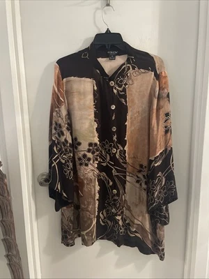 Citron Santa Monica 1X Multi Browns Asian Floral Button Up Slits Tunic Kimono - Image 1 of 4