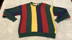 Vintage 90s Cable Knit Sweater Size 2XL Color Block Striped 100% Cotton Warm - Picture 1 of 15