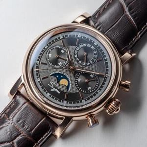 Seagull Sugess ST1908 40mm Black Moon Phase Date Chronograph Sapphire Gold 1963 - Picture 1 of 10