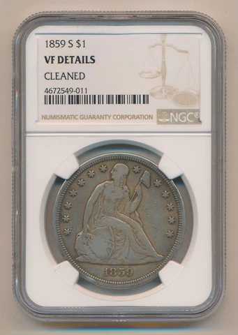 1859 S Seated Liberty Dollar. NGC VF Details Cover