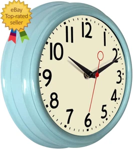 Retro Wall Clock 9.5 Inch Blue Kitchen 50'S Vintage Design round Silent Non Tick - Picture 1 of 12