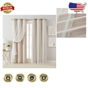 Elegant Beige 80% Blackout Curtains with Sheer Overlay - 37x108 Inches Set of 2 - Picture 1 of 3