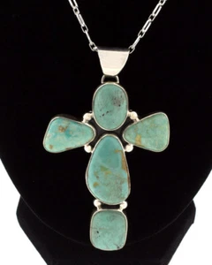 Battle Mountain Turquoise Cross Pendant With Chain By Navajo Artist Lyle Piaso - Picture 1 of 1