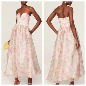 ML Monique Lhuillier Floral Organza Strapless Pink Midi Dress Sweetheart Size 4 - Picture 1 of 9