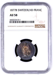 1877 B Switzerland 1 Franc, NGC AU 58 - Picture 1 of 2
