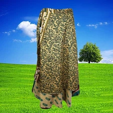 Womens Long Recycled Sari Wrap Skirt, Magic Wrap Skirt, Green Beige   One Size