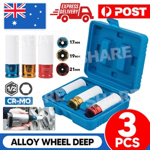 3pcs Alloy Wheel Deep Impact Nut Socket Set 17, 19, 21mm 1/2'' with Nylon Sleeve - Picture 1 of 9